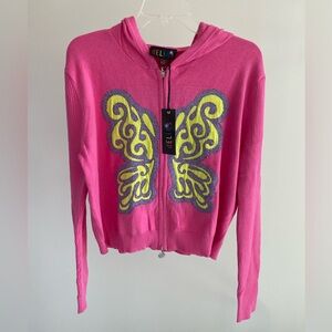 Delias Y2K hooded double zip up/down cardigan sweater pink w/ sparkle butterfly